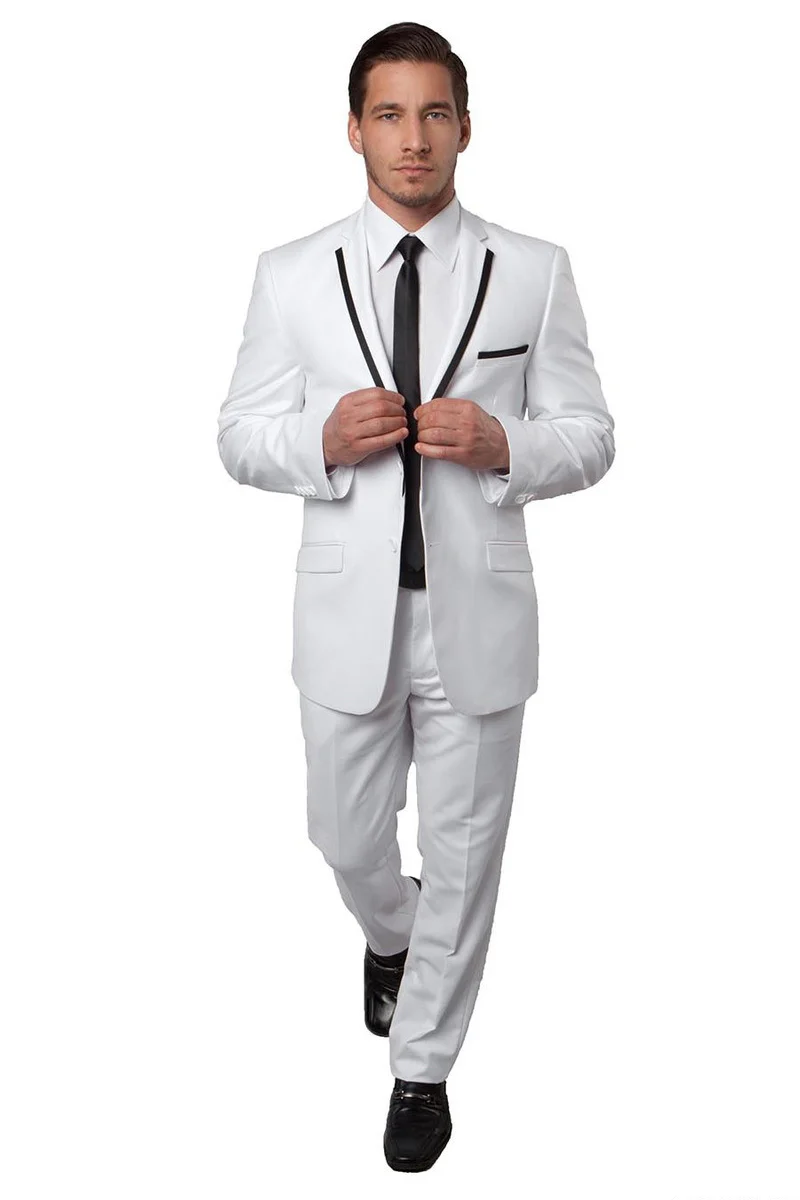 Men's Two Button Slim Fit Wedding & Prom Tuxedo Suit in White with Black Piping - Image 2