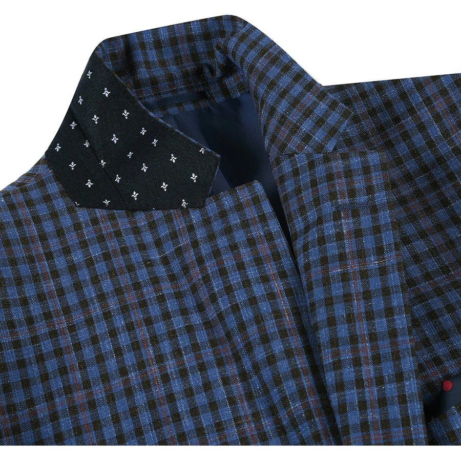 Mens Two Button Slim Fit Wool Sport Coat Blazer in Navy Blue & Burgundy Mini Check - Image 4