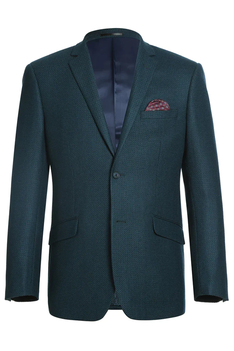 Mens Two Button Slim Fit Wool Sport Coat Blazer in Teal Blue Green Birdseye
