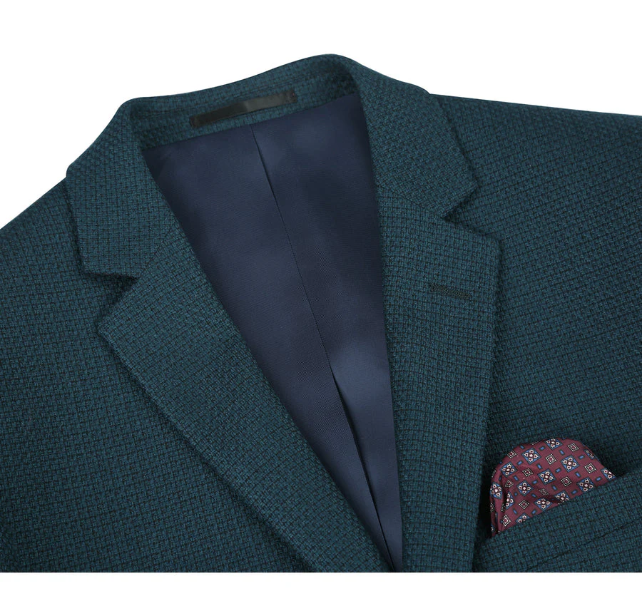 Mens Two Button Slim Fit Wool Sport Coat Blazer in Teal Blue Green Birdseye - Image 2