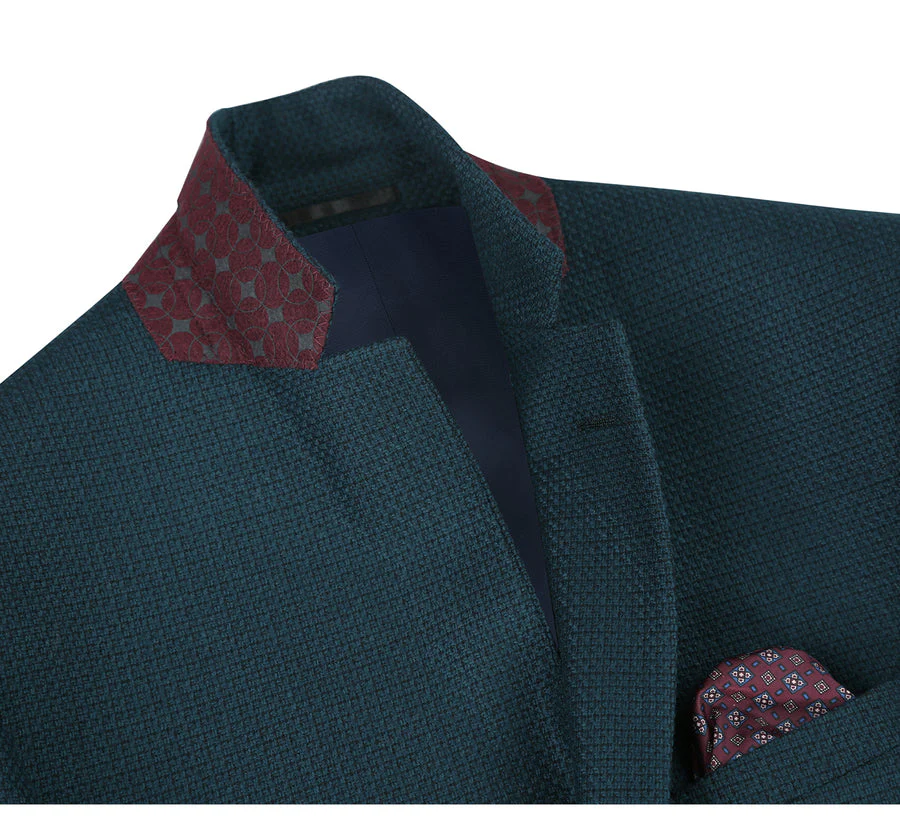 Mens Two Button Slim Fit Wool Sport Coat Blazer in Teal Blue Green Birdseye - Image 3