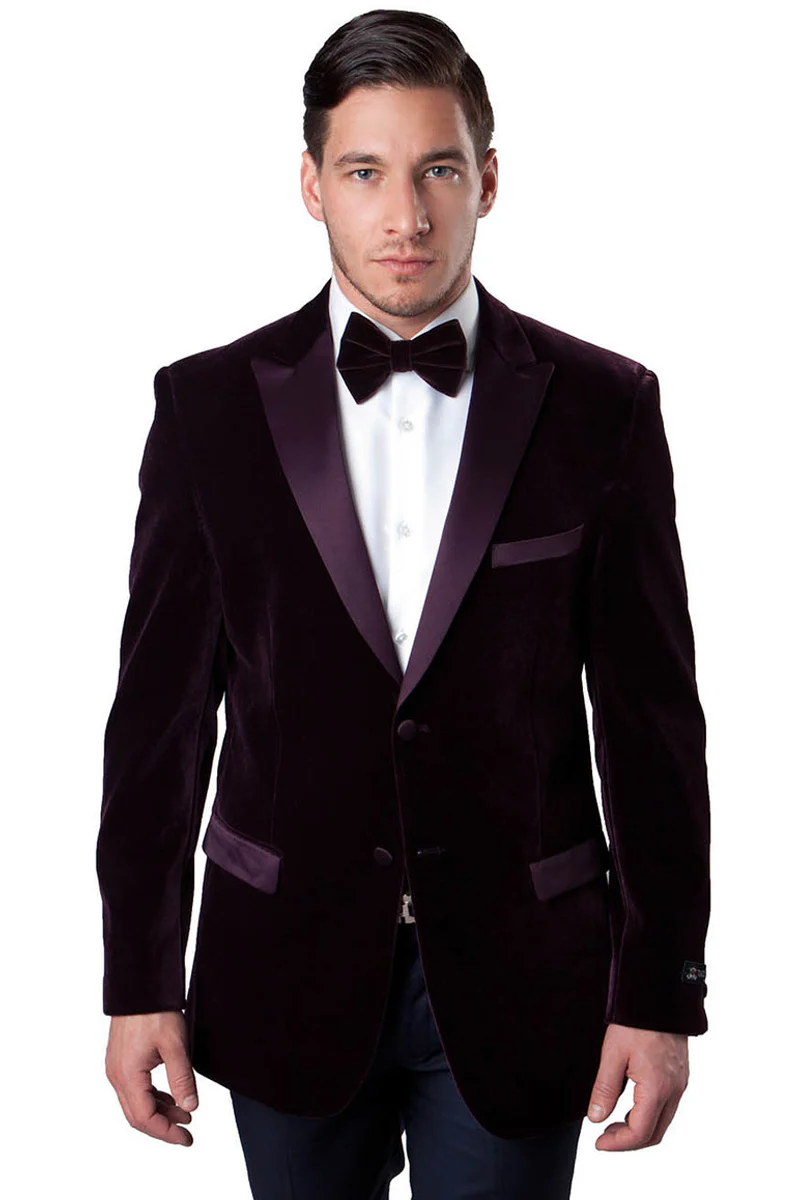 Men's Two Button Velvet Tuxedo Dinner Jacket in Burgundy