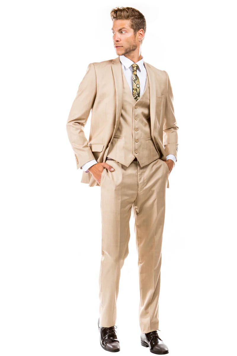 Men's Two Button Vested Business Sharkskin Suit in Dark Tan - Image 2