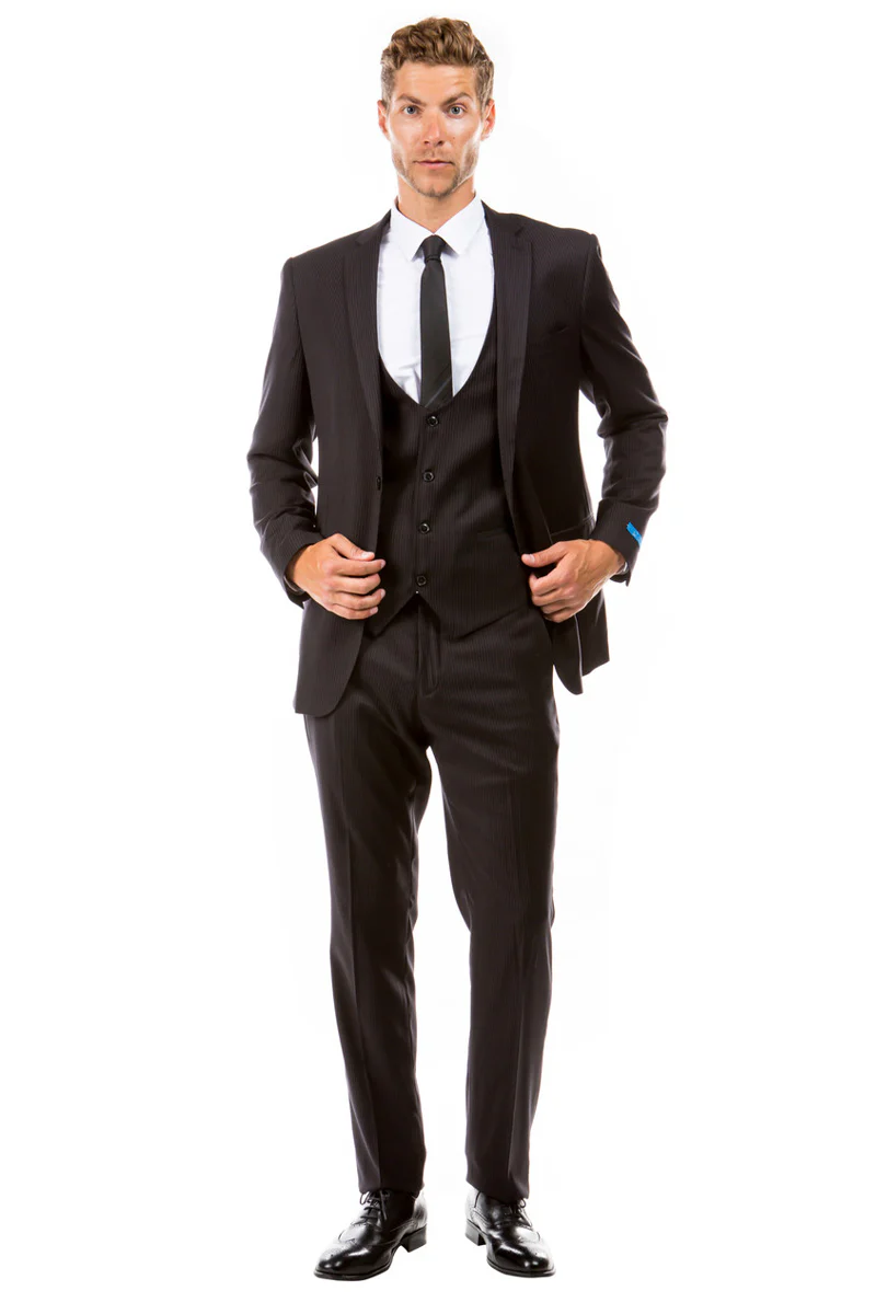 Men's Two Button Vested Hybrid Fit Micro Mini Pinstripe Business Suit in Black - Image 2