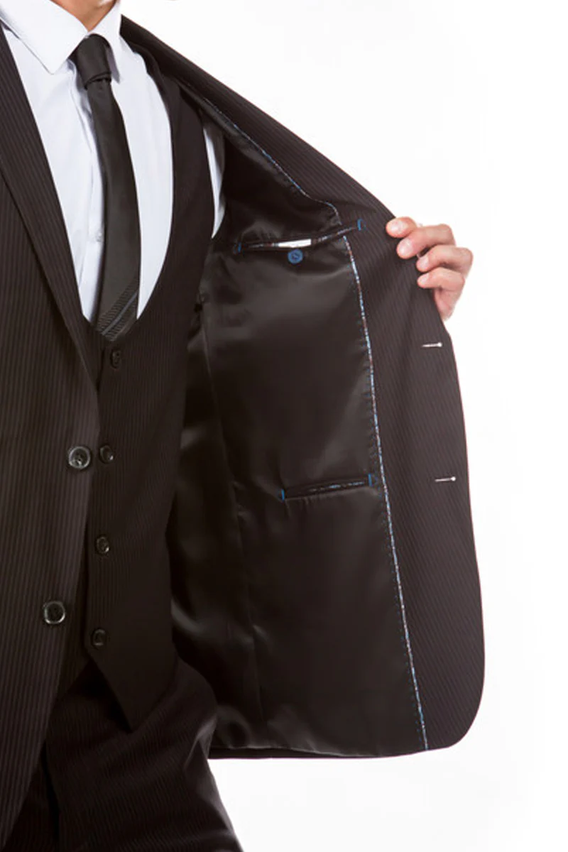 Men's Two Button Vested Hybrid Fit Micro Mini Pinstripe Business Suit in Black - Image 3
