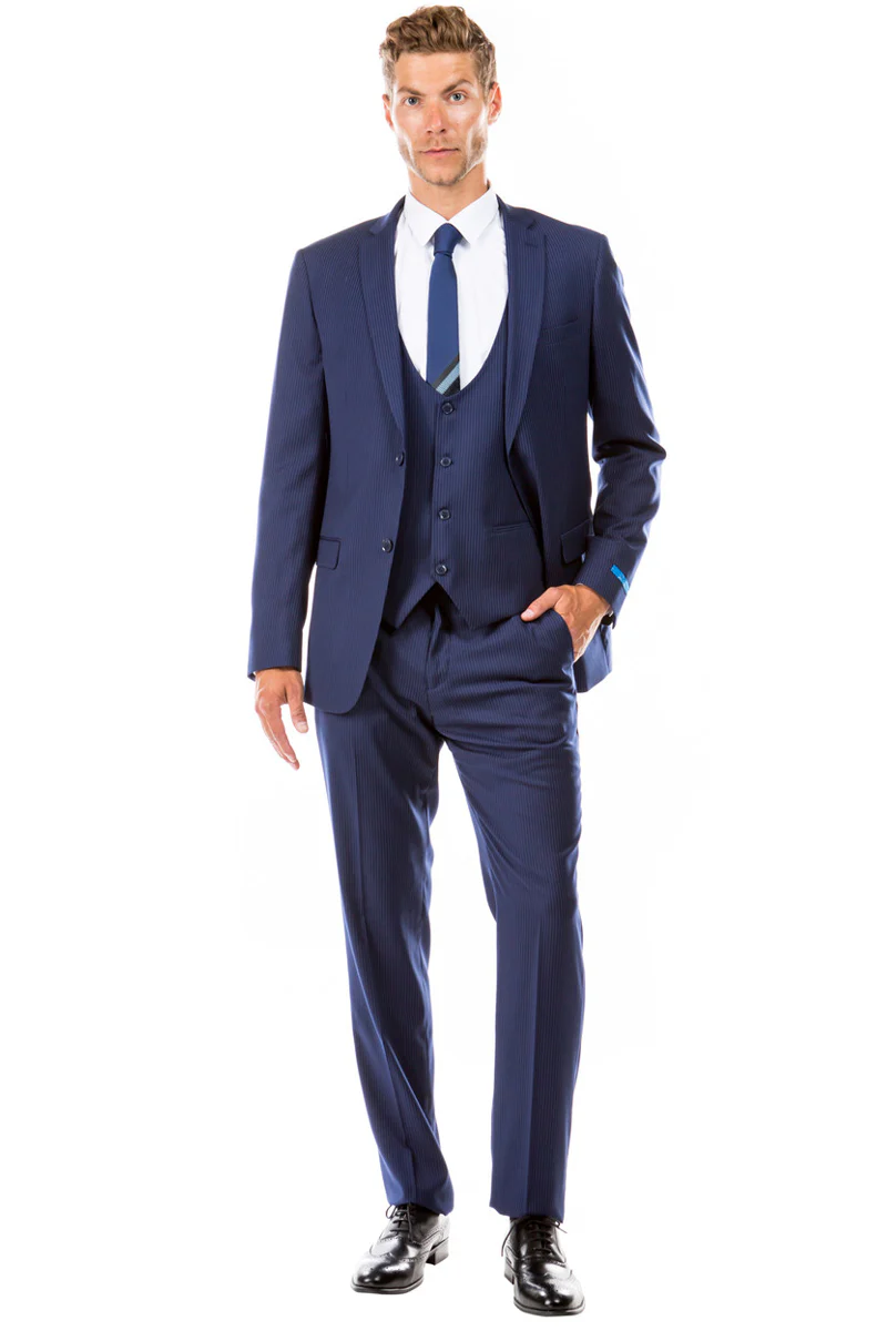 Men's Two Button Vested Hybrid Fit Micro Mini Pinstripe Business Suit in Navy Blue - Image 2