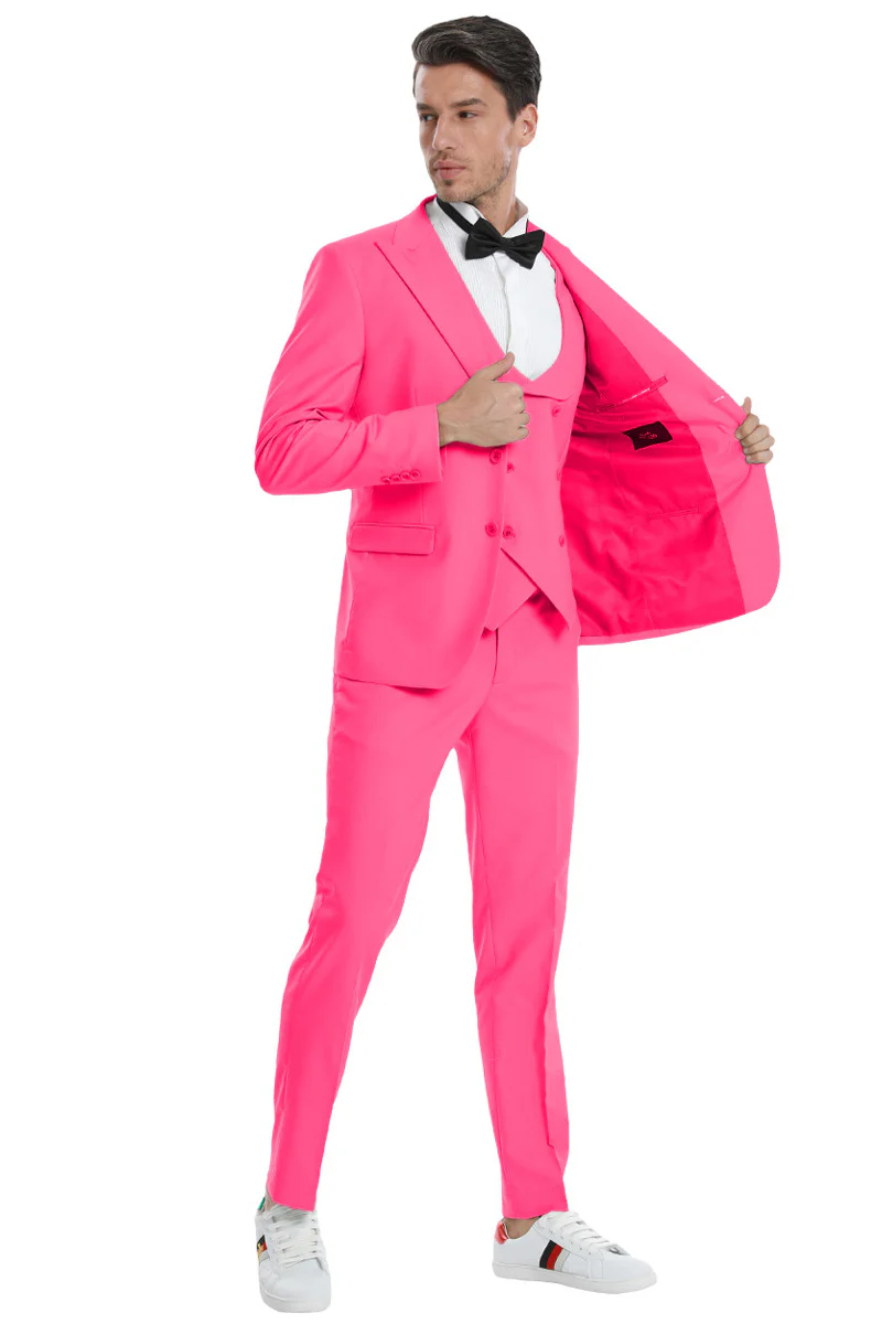 Men's Two Button Vested Peak Lapel Pastel Wedding & Prom Suit in Fuchsia Pink - Image 2