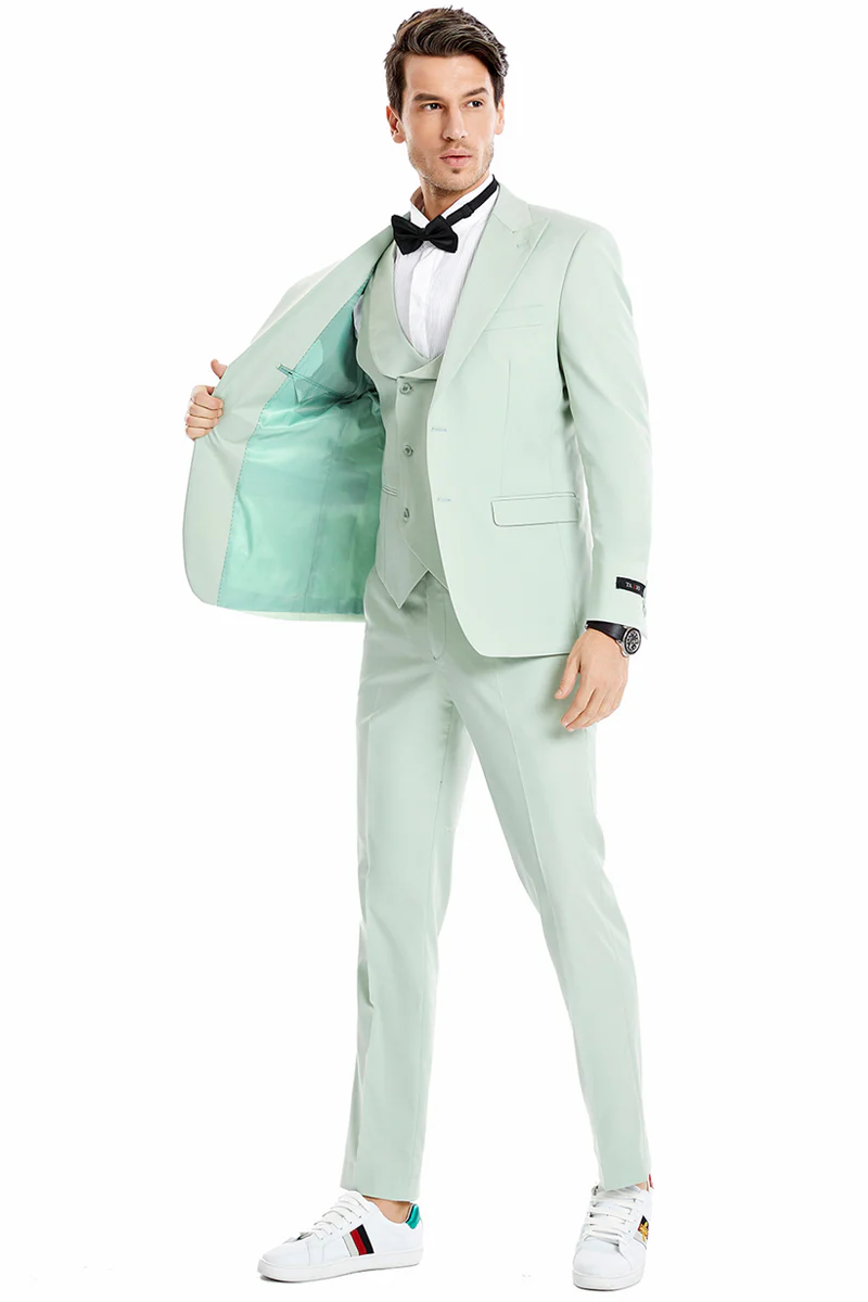 Men's Two Button Vested Peak Lapel Pastel Wedding & Prom Suit in Mint Green - Image 2