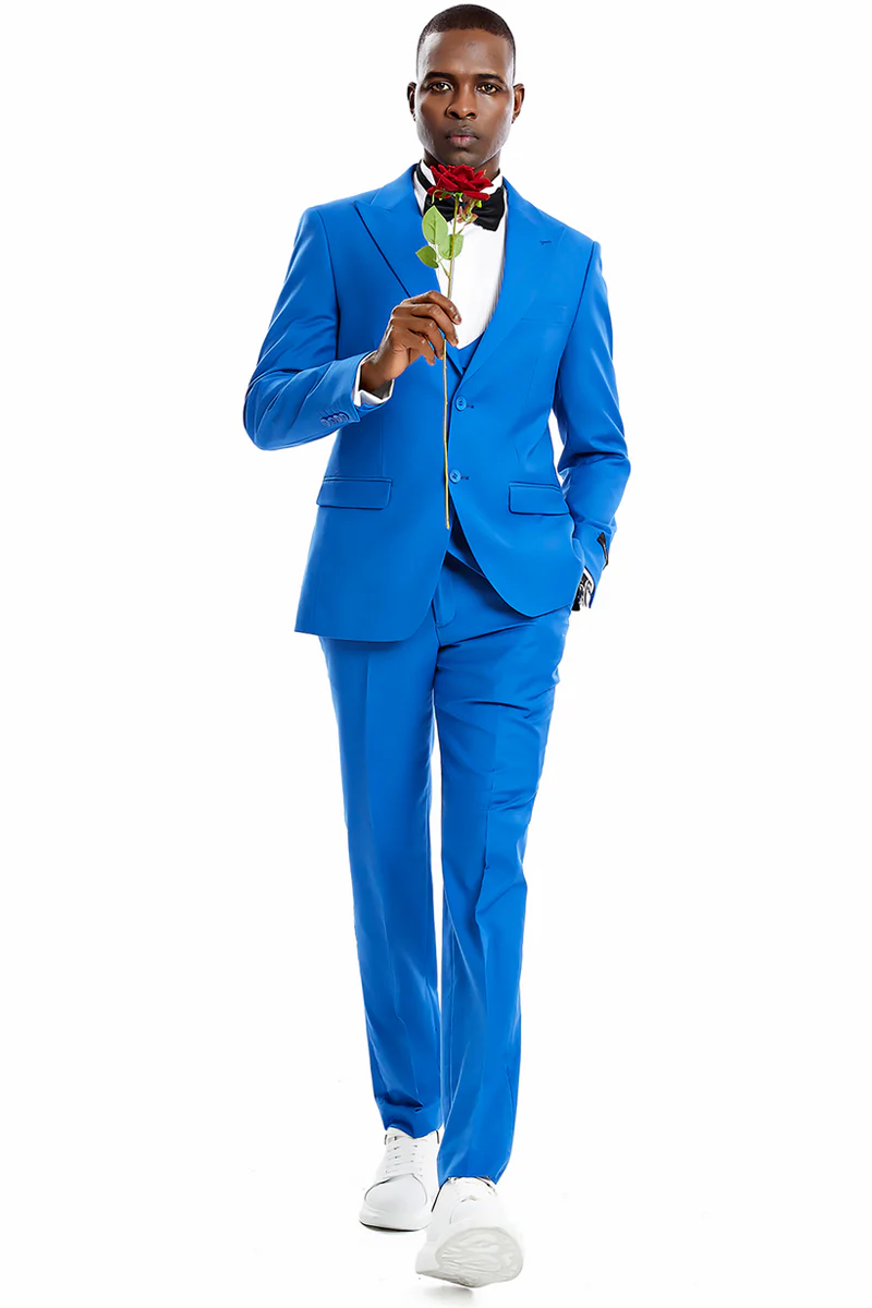 Men's Two Button Vested Peak Lapel Pastel Wedding & Prom Suit in Royal Blue - Image 2