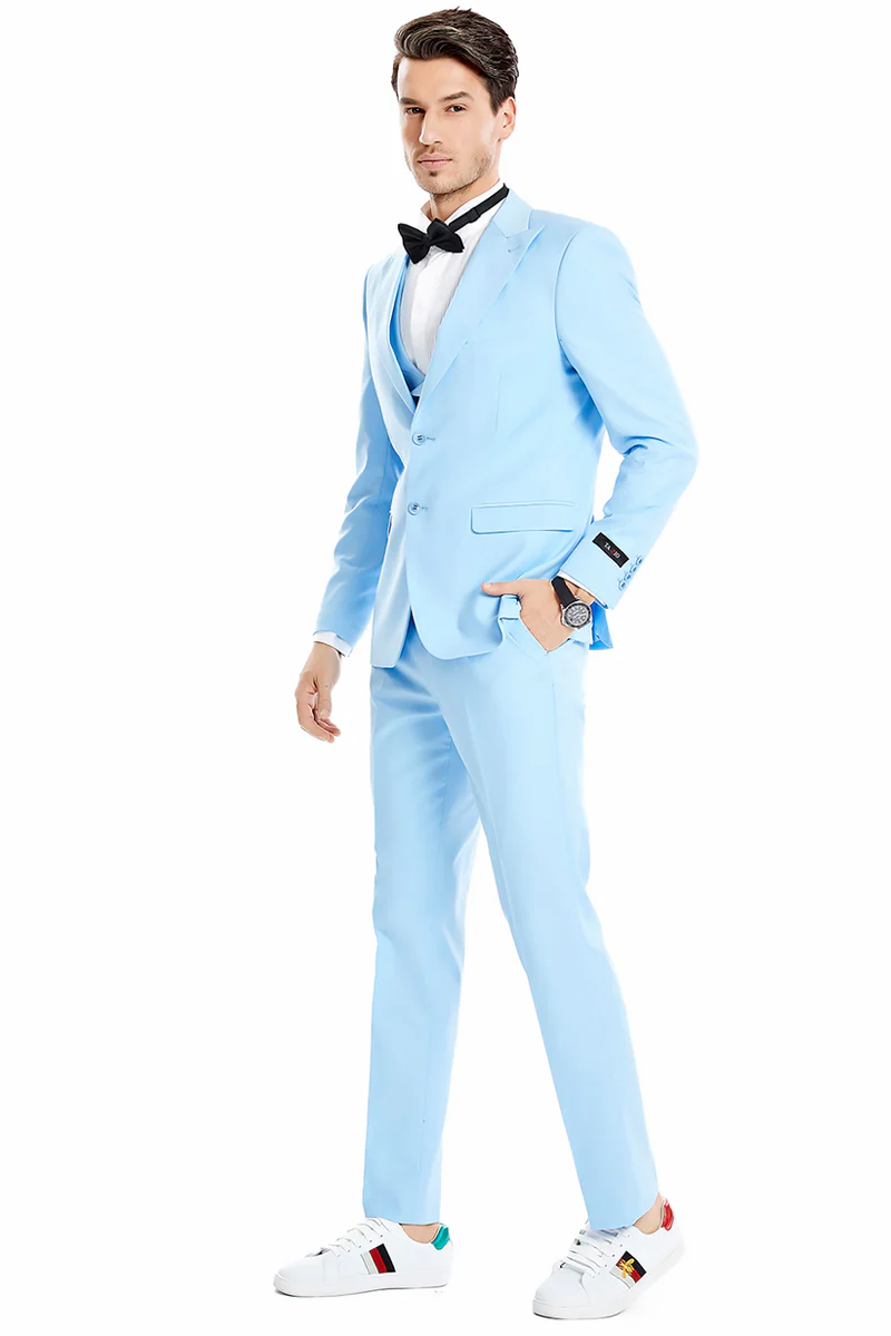 Men's Two Button Vested Peak Lapel Pastel Wedding & Prom Suit in Sky Blue - Image 2