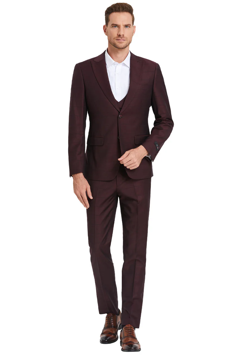 Men's Two Button Vested Peak Lapel Sharkskin Suit in Burgundy Windowpane Plaid - Image 2