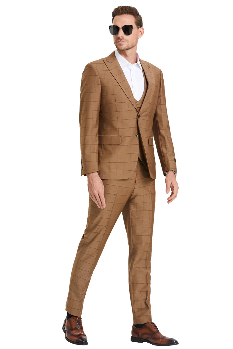 Men's Two Button Vested Peak Lapel Sharkskin Suit in Camel Windowpane Plaid - Image 2