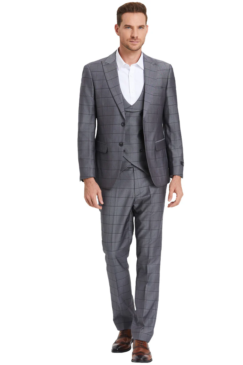 Men's Two Button Vested Peak Lapel Sharkskin Suit in Charcoal Grey Windowpane Plaid - Image 2