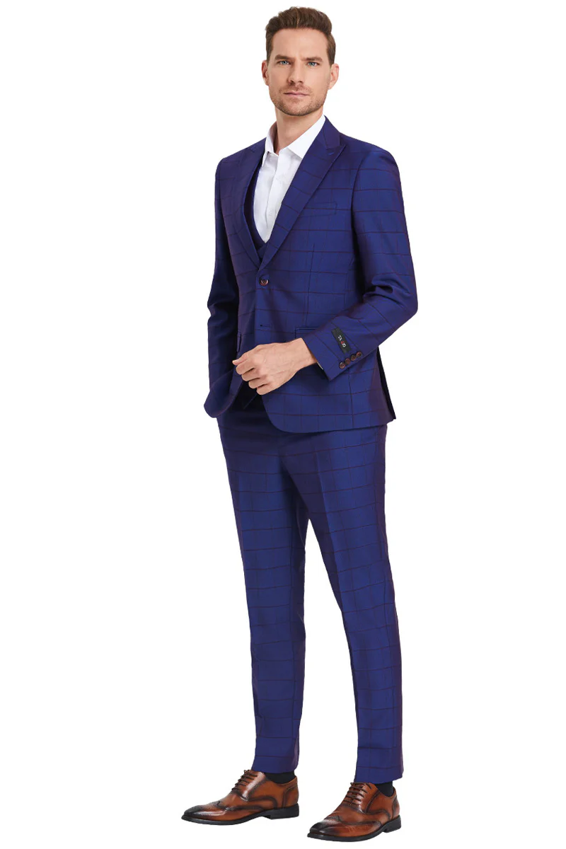 Men's Two Button Vested Peak Lapel Sharkskin Suit in Indigo Blue Windowpane Plaid - Image 2