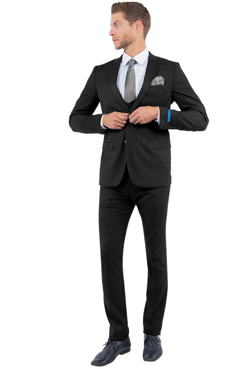 Men's Two Button Vested Sharkskin Suit with a Scoop Vest in Black - Image 2