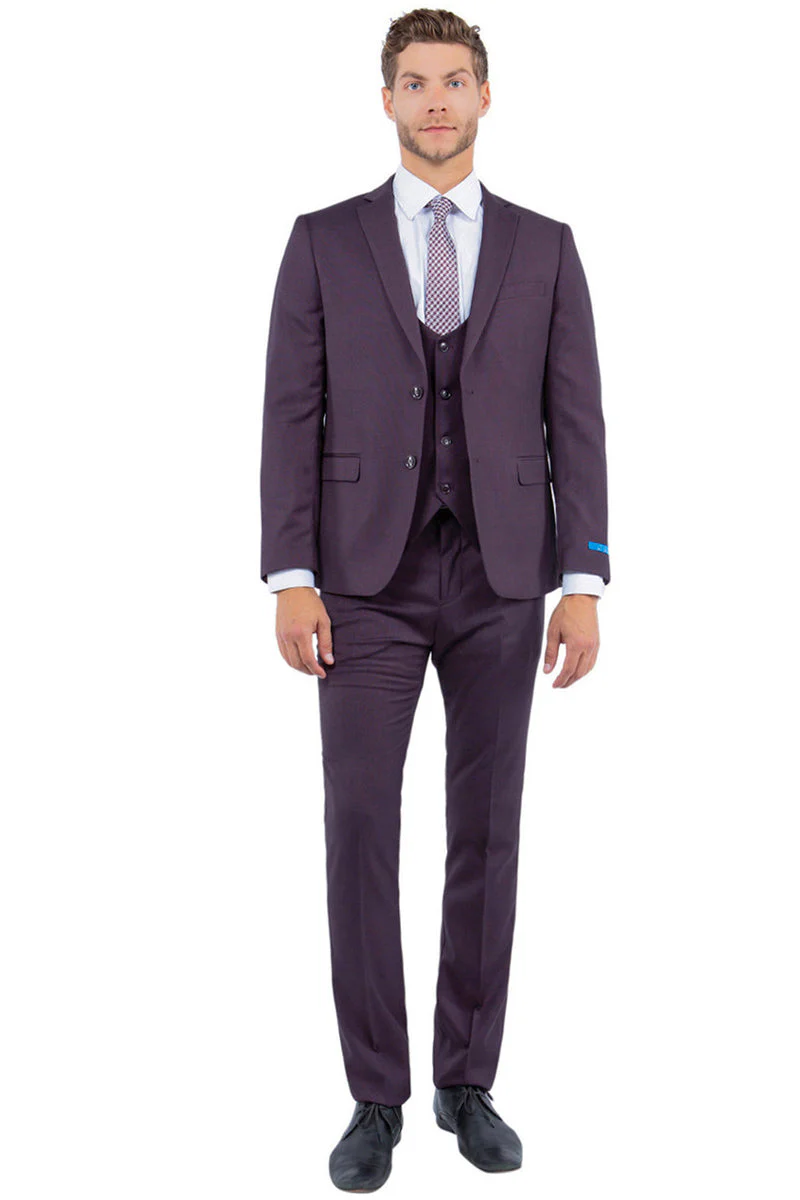 Men's Two Button Vested Sharkskin Suit with a Scoop Vest in Burgundy - Image 2