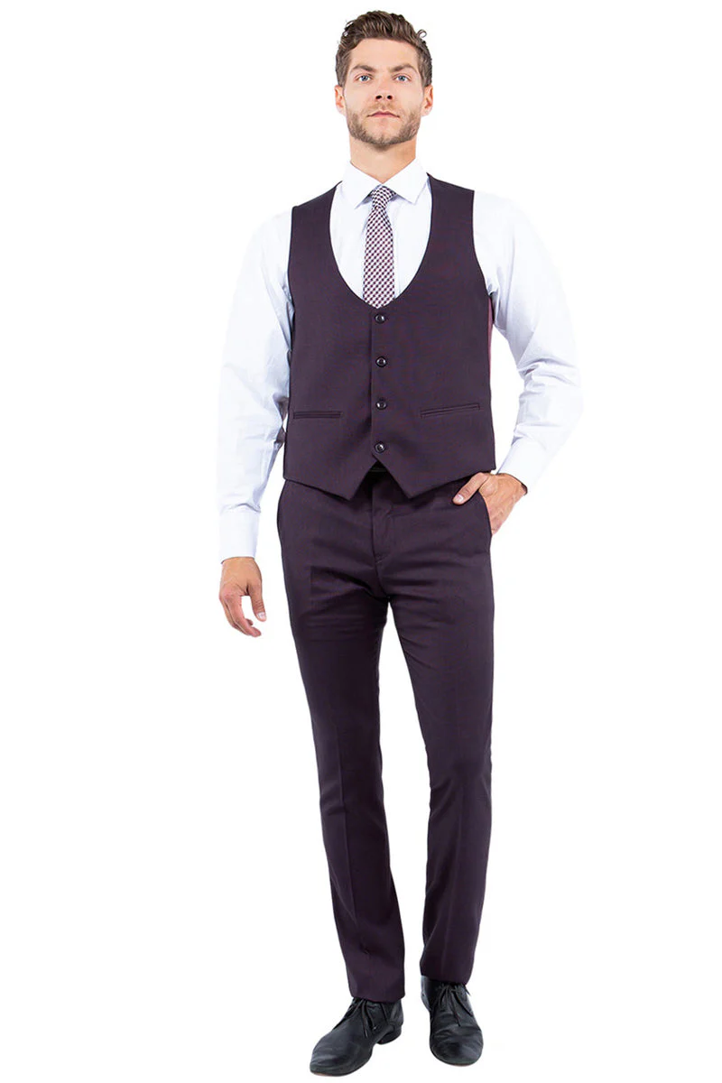Men's Two Button Vested Sharkskin Suit with a Scoop Vest in Burgundy - Image 3