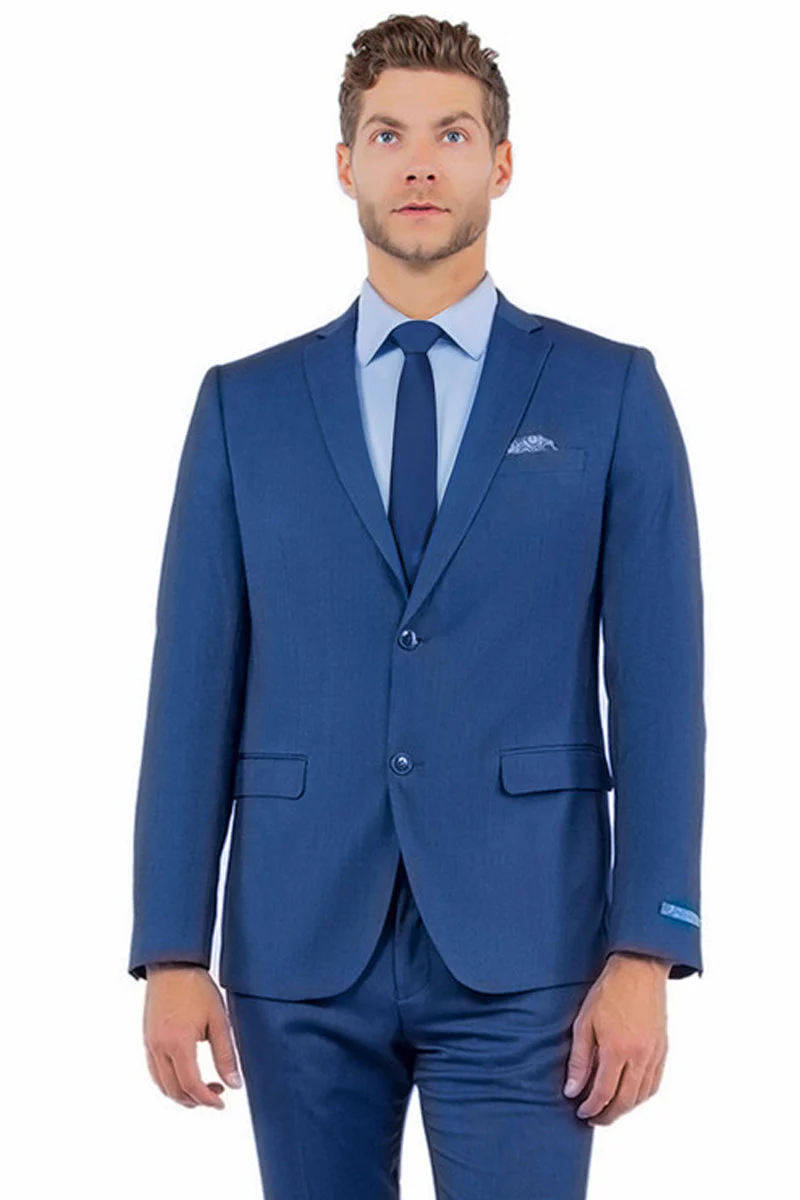 Men's Two Button Vested Sharkskin Suit with a Scoop Vest in French Blue