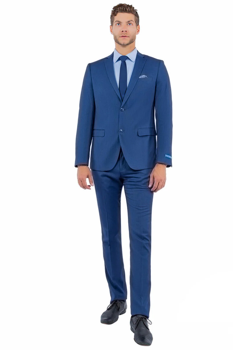 Men's Two Button Vested Sharkskin Suit with a Scoop Vest in French Blue - Image 2