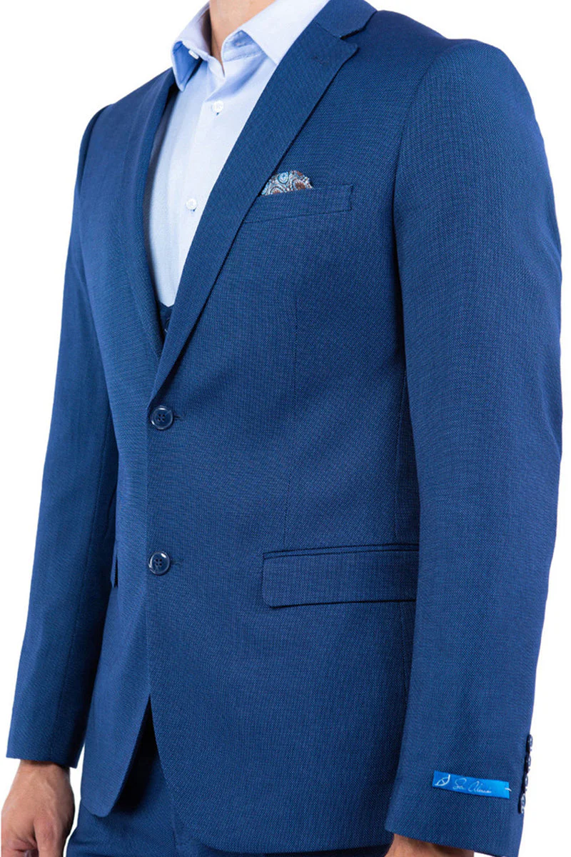 Men's Two Button Vested Sharkskin Suit with a Scoop Vest in French Blue - Image 3