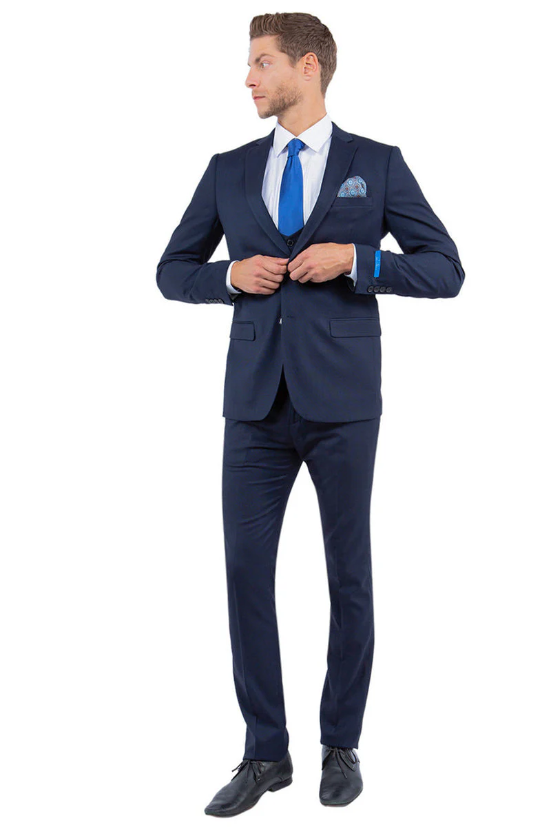 Men's Two Button Vested Sharkskin Suit with a Scoop Vest in Navy Blue - Image 2