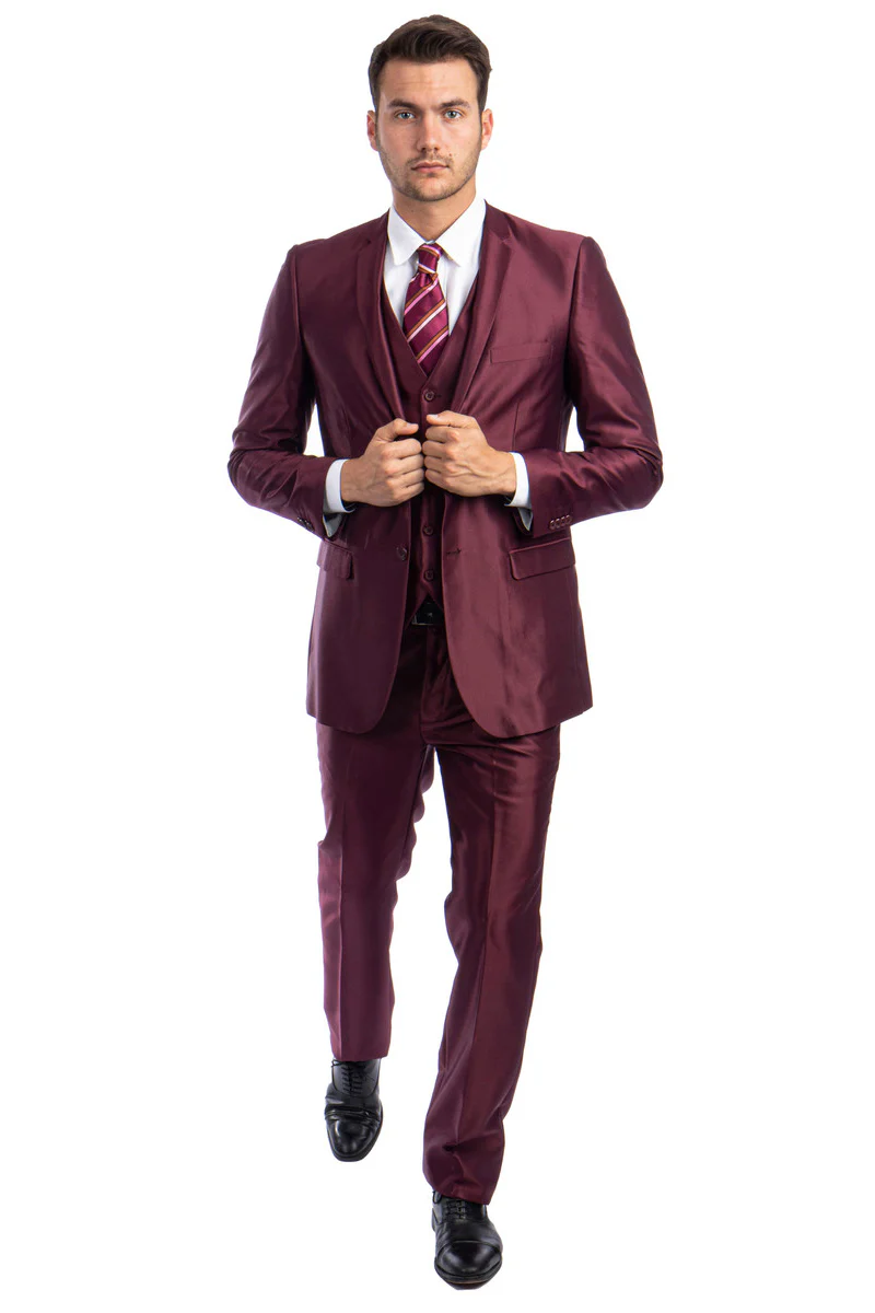 Men's Two Button Vested Shiny Sharkskin Wedding & Prom Fashion Suit in Burgundy - Image 2