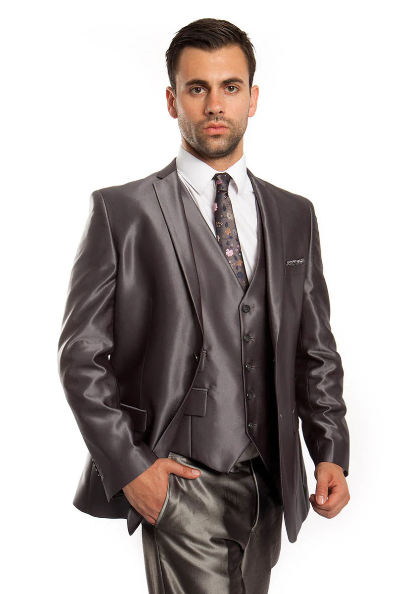 Men's Two Button Vested Shiny Sharkskin Wedding & Prom Fashion Suit in Charcoal Grey
