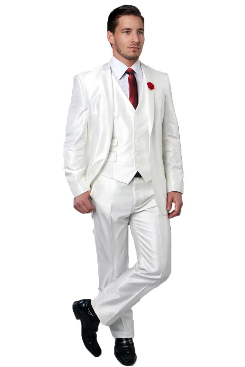 Men's Two Button Vested Shiny Sharkskin Wedding & Prom Fashion Suit in Ivory - Image 2