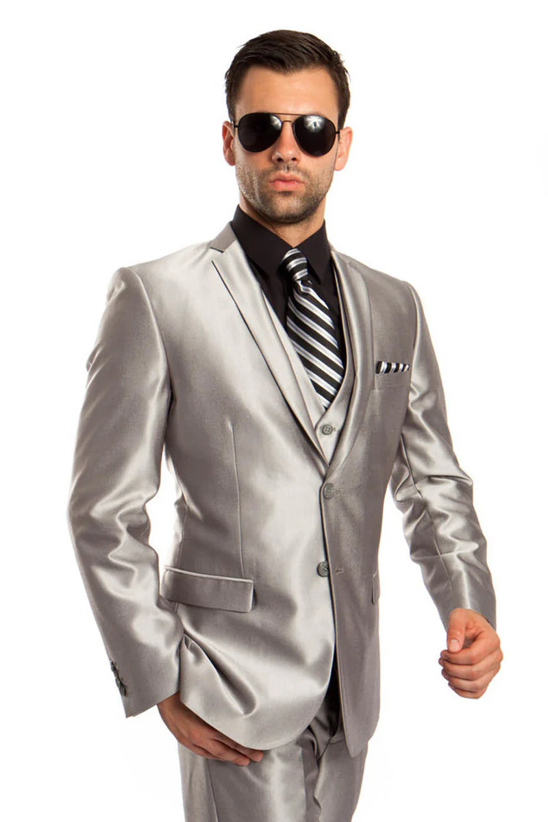 Men's Two Button Vested Shiny Sharkskin Wedding & Prom Fashion Suit in Silver Grey
