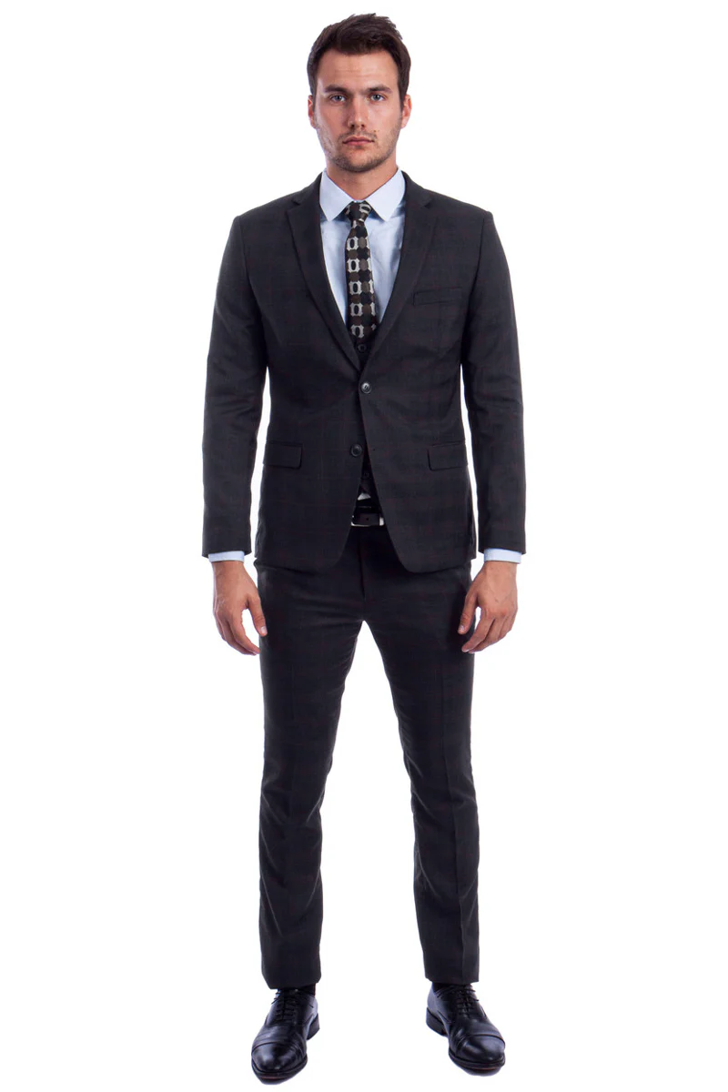 Men's Two Button Vested Skinny Fit Suit with Low Cut Vest in Black Plaid - Image 2