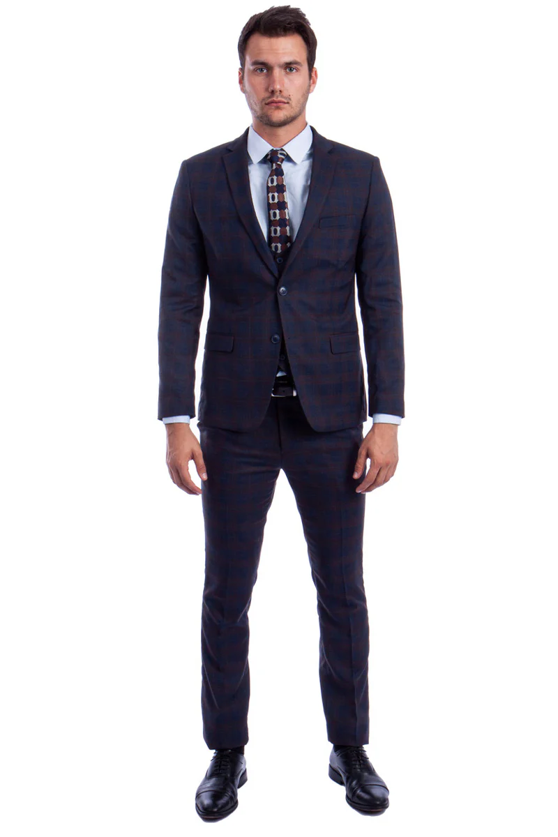 Men's Two Button Vested Skinny Fit Suit with Low Cut Vest in Blue & Brown Plaid - Image 2