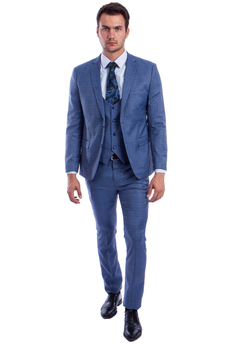 Men's Two Button Vested Skinny Fit Suit with Low Cut Vest in Blue Plaid - Image 2