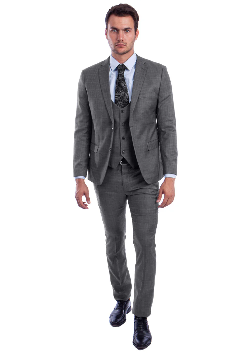 Men's Two Button Vested Skinny Fit Suit with Low Cut Vest in Grey Plaid - Image 2
