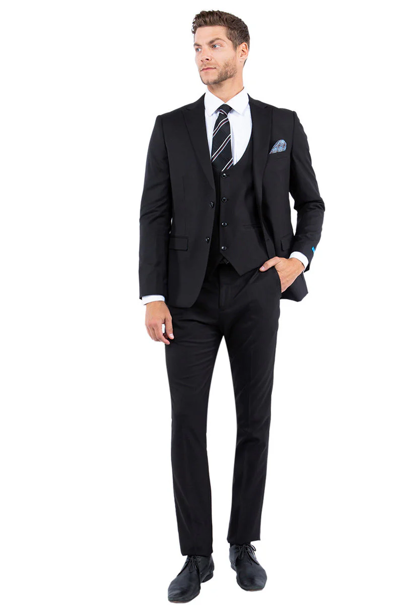 Men's Two Button Vested Slim Fit Peak Lapel Suit in Black Nailhead - Image 2