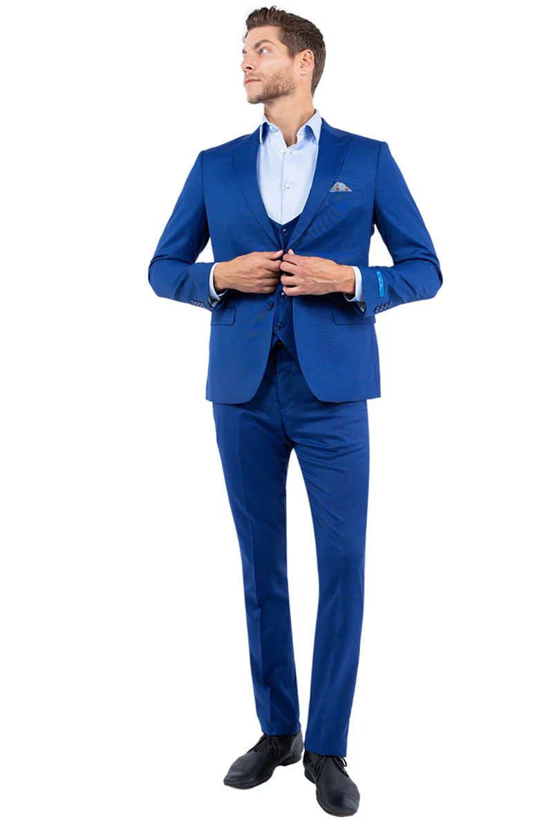 Men's Two Button Vested Slim Fit Peak Lapel Suit in Blue Nailhead - Image 2