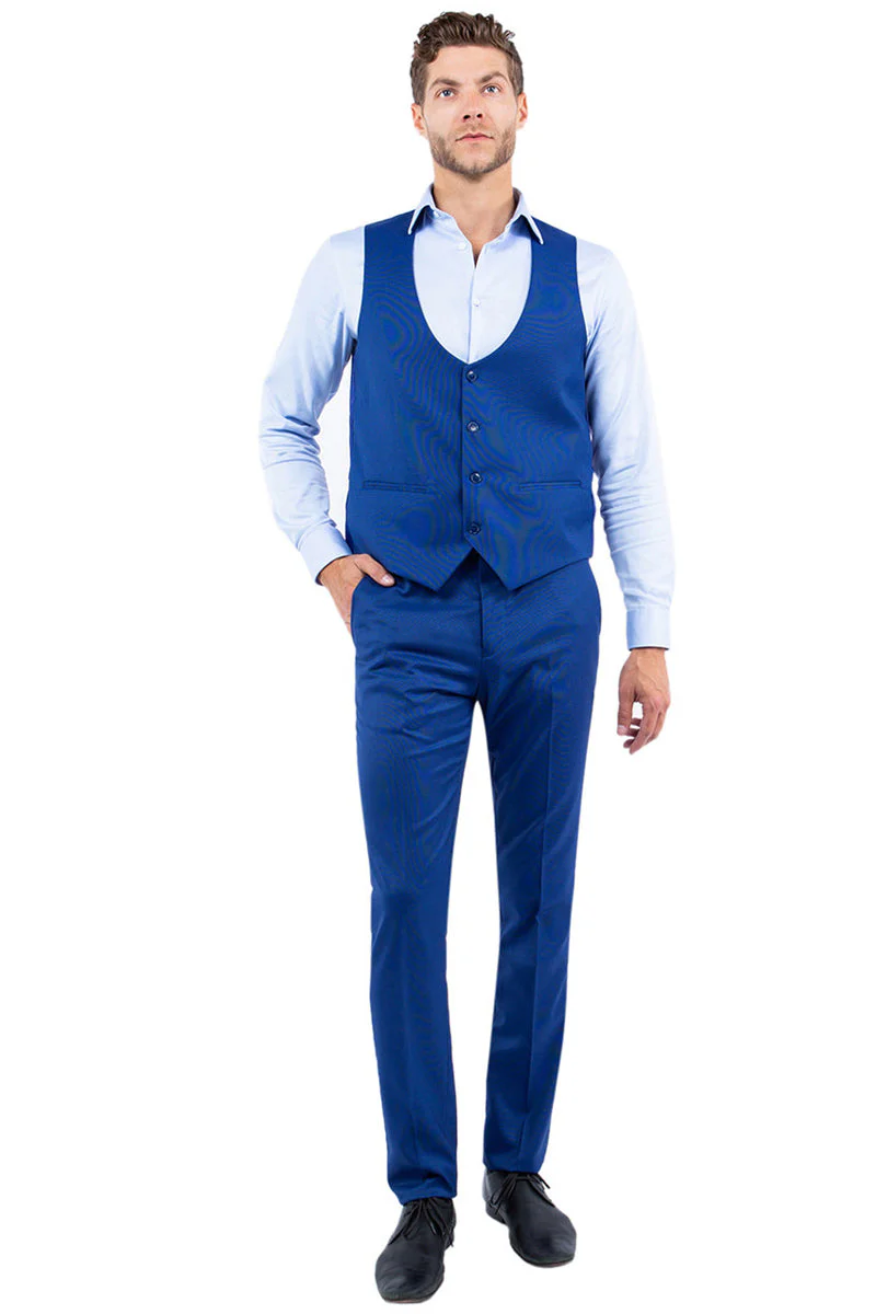 Men's Two Button Vested Slim Fit Peak Lapel Suit in Blue Nailhead - Image 3