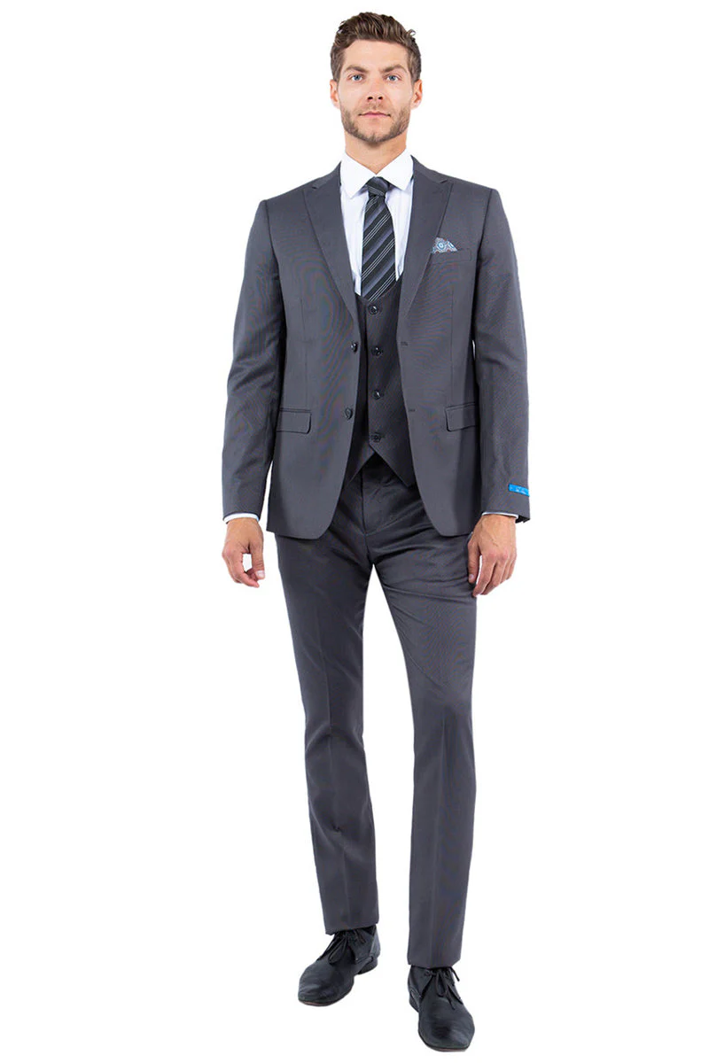 Men's Two Button Vested Slim Fit Peak Lapel Suit in Grey Nailhead - Image 2