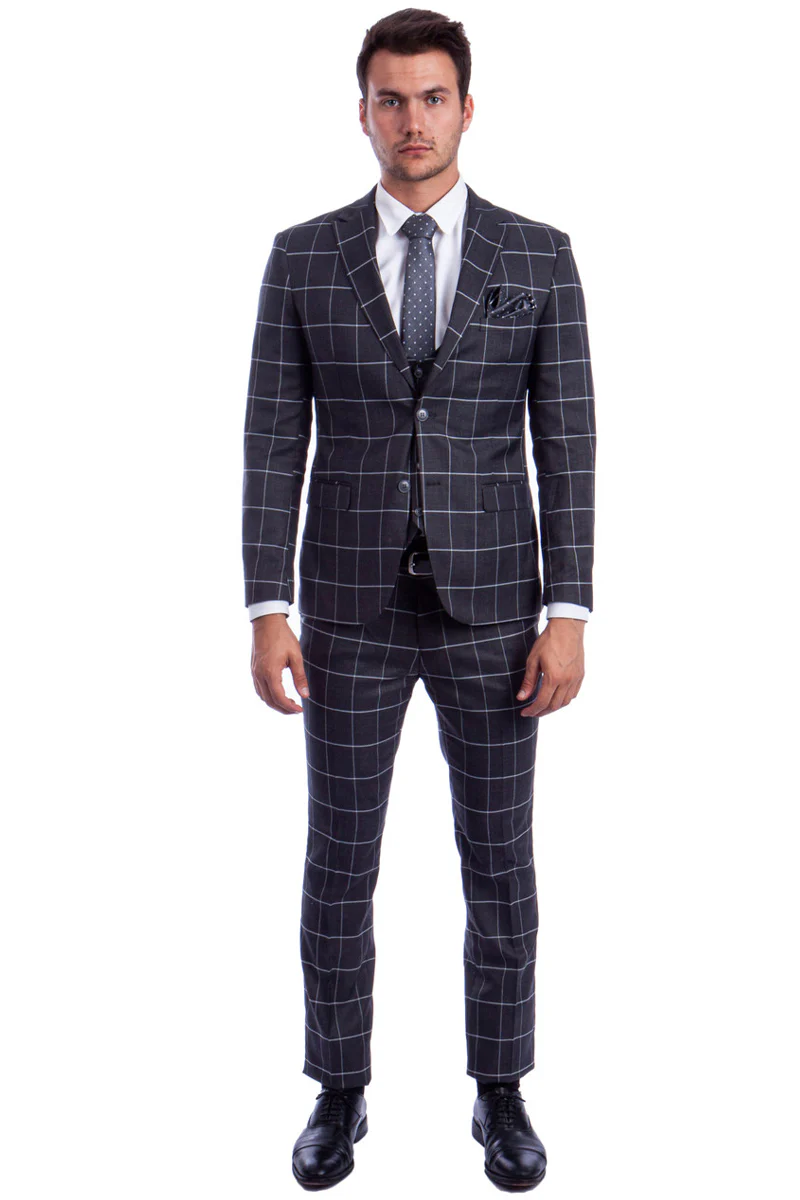 Men's Two Button Vested Slim Fit Suit in Bold Grey & White Windowpane Plaid - Image 2
