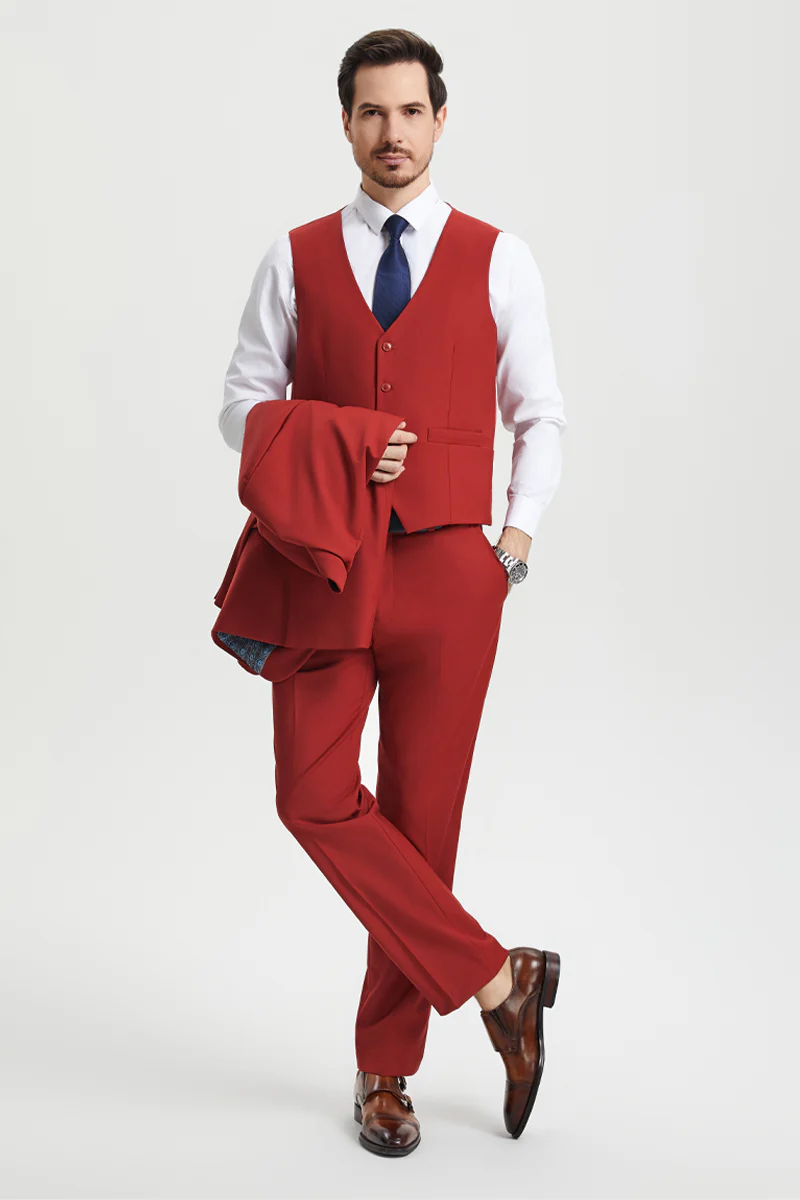 Men's Two Button Vested Stacy Adams Basic Designer Suit in Brick - Image 3