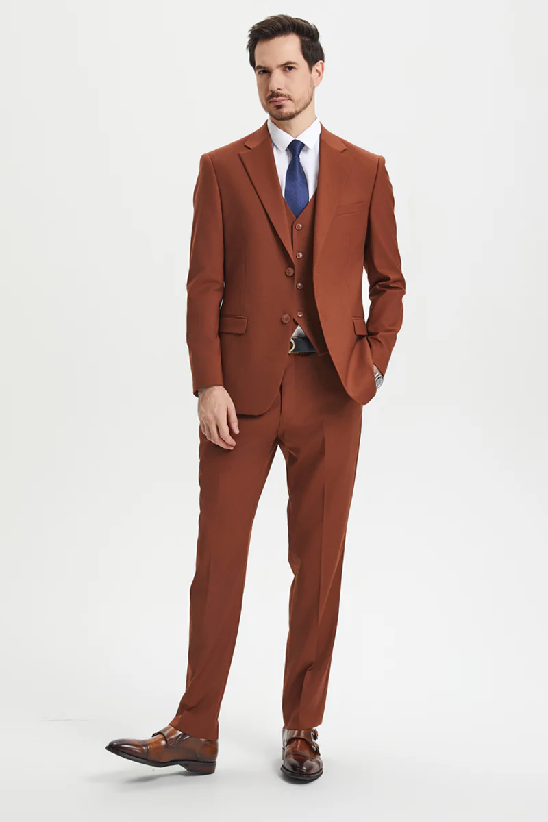 Men's Two Button Vested Stacy Adams Basic Designer Suit in Brown Rust - Image 2