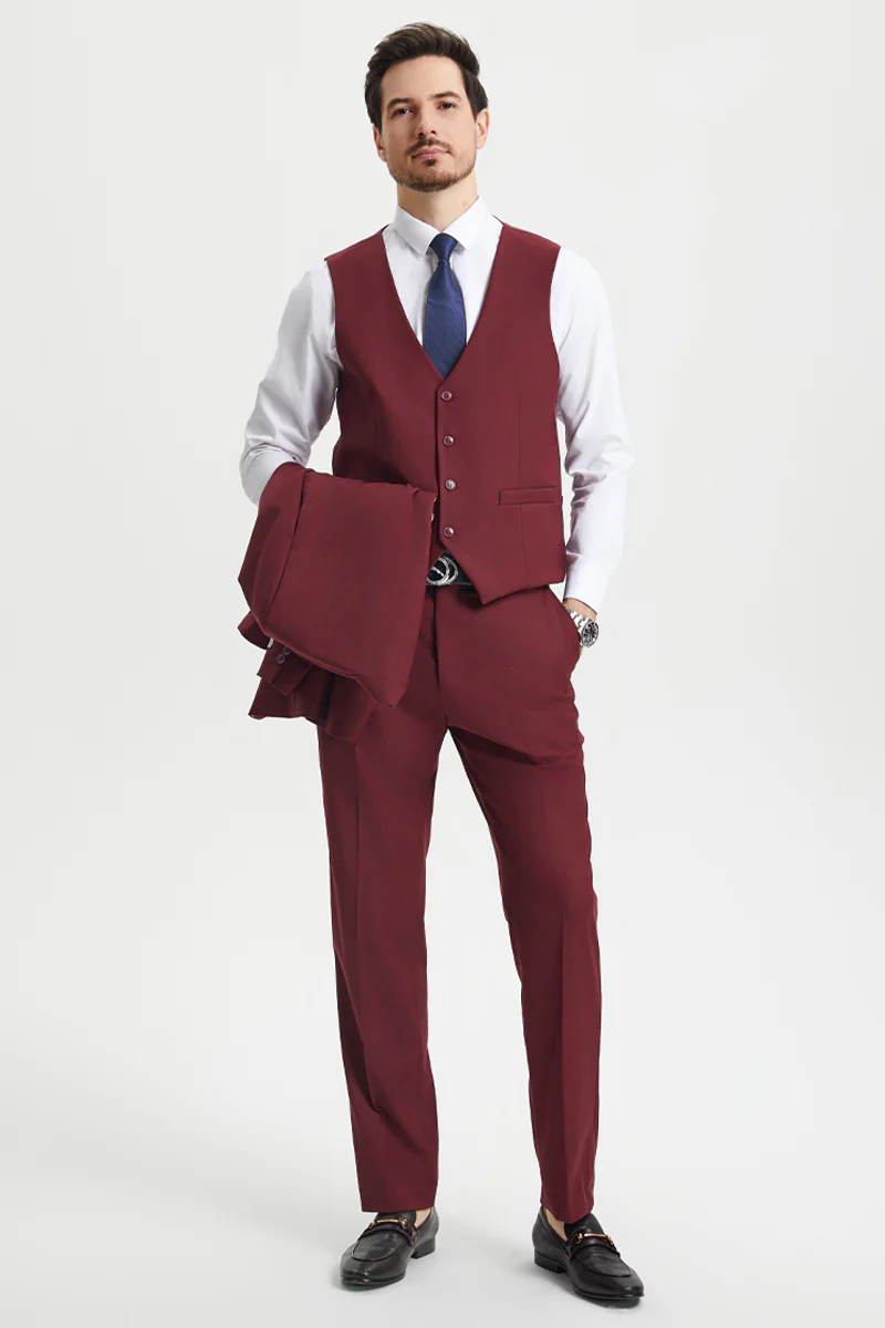 Men's Two Button Vested Stacy Adams Basic Designer Suit in Burgundy - Image 4