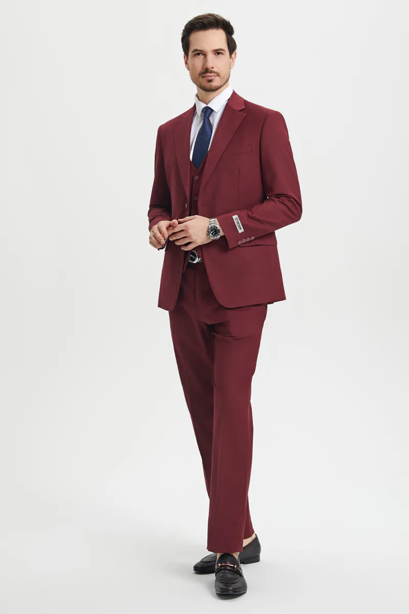 Men's Two Button Vested Stacy Adams Basic Designer Suit in Burgundy - Image 5