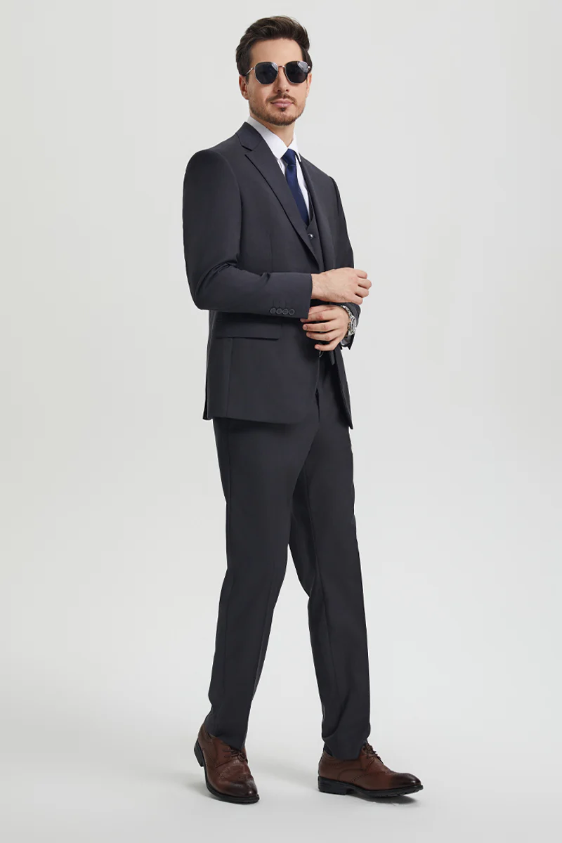 Men's Two Button Vested Stacy Adams Basic Designer Suit in Charcoal Grey - Image 3