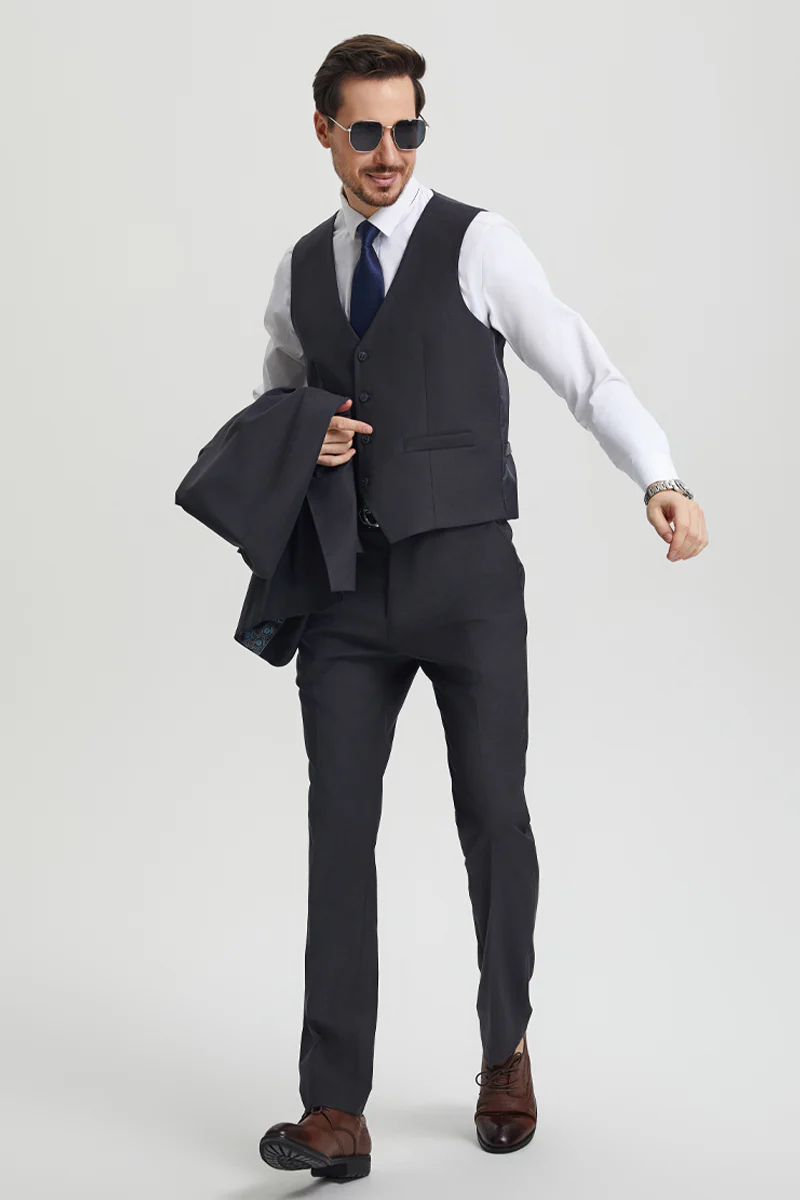 Men's Two Button Vested Stacy Adams Basic Designer Suit in Charcoal Grey - Image 4
