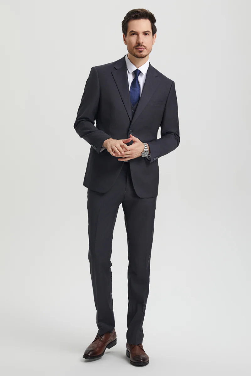 Men's Two Button Vested Stacy Adams Basic Designer Suit in Charcoal Grey - Image 5