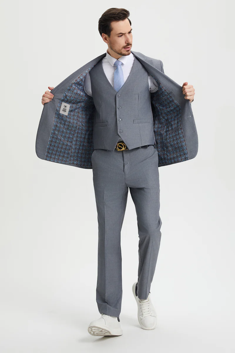 Men's Two Button Vested Stacy Adams Basic Designer Suit in Grey - Image 5
