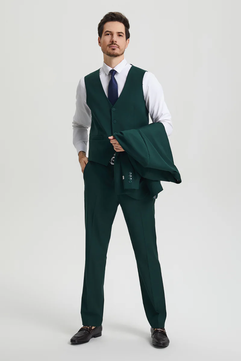 Men's Two Button Vested Stacy Adams Basic Designer Suit in Hunter Green - Image 4