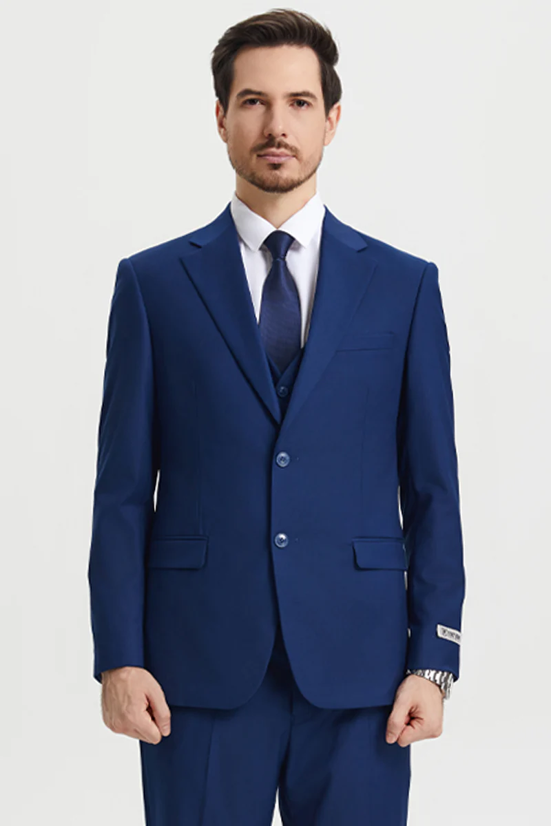 Men's Two Button Vested Stacy Adams Basic Designer Suit in Indigo Blue
