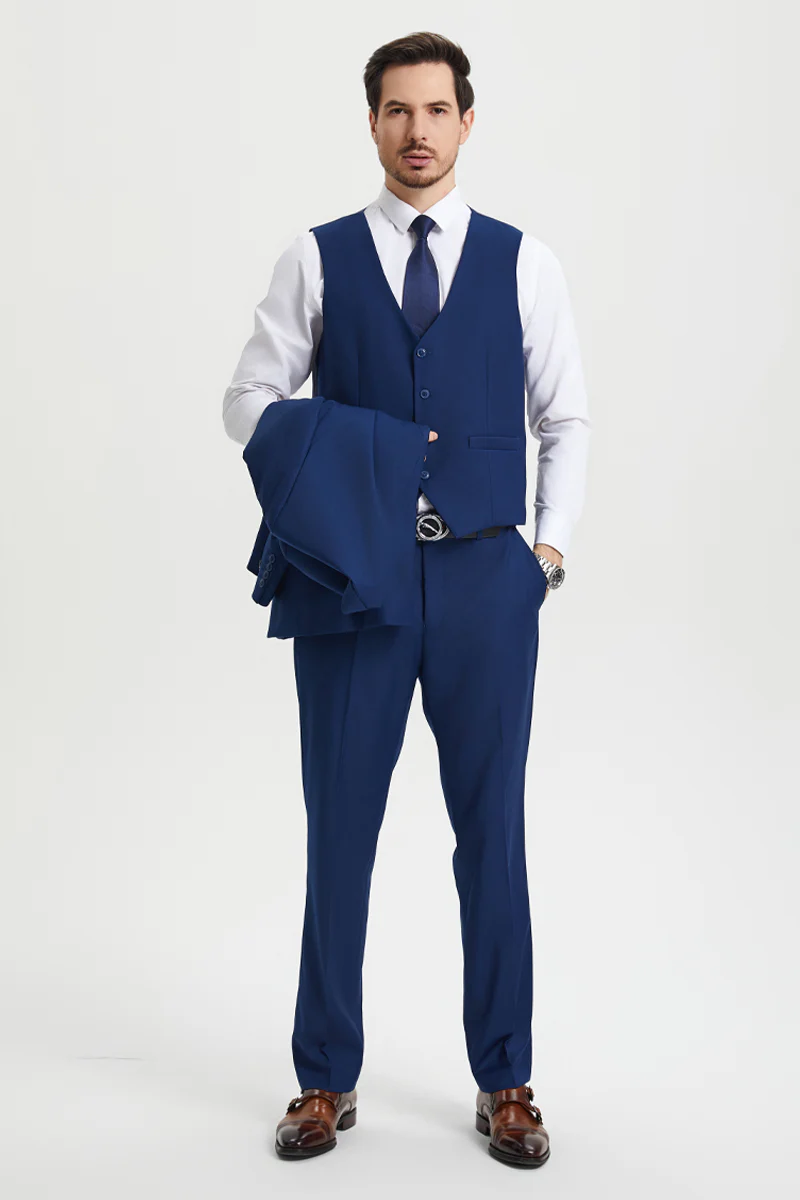 Men's Two Button Vested Stacy Adams Basic Designer Suit in Indigo Blue - Image 4