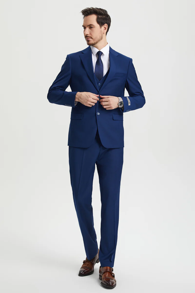 Men's Two Button Vested Stacy Adams Basic Designer Suit in Indigo Blue - Image 7